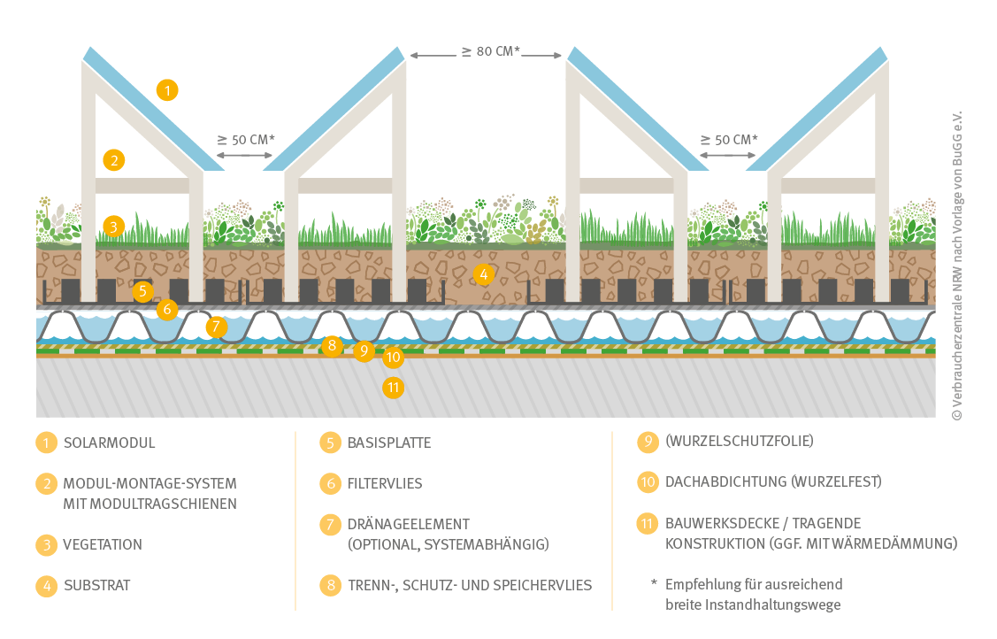 Querschnitt eines extensiven Solargründach (Ost-West-Ausrichtung)Querschnitt eines extensiven Solargründach (Ost-West-Ausrichtung)​​​​