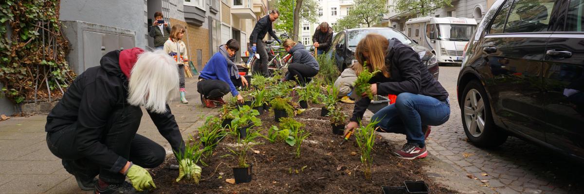 Die Anwohnerinitiative beim Bepflanzen des Grünstreifens