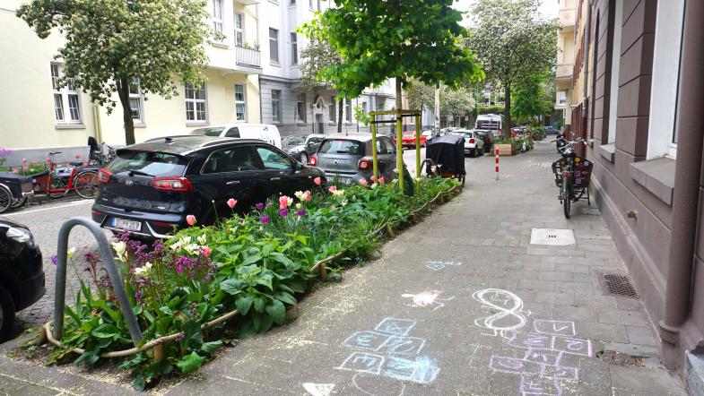 Bepflanzter Grünstreifen in Wohngebiet